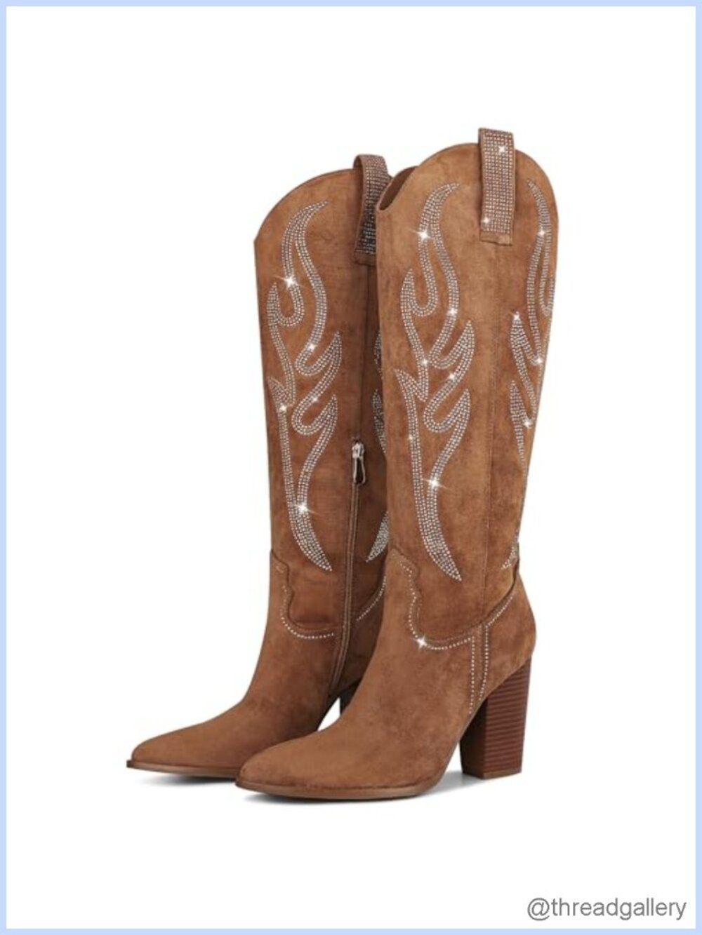 Womens Knee High Cowboy Boots Embroidered Rhinestone Block Heel